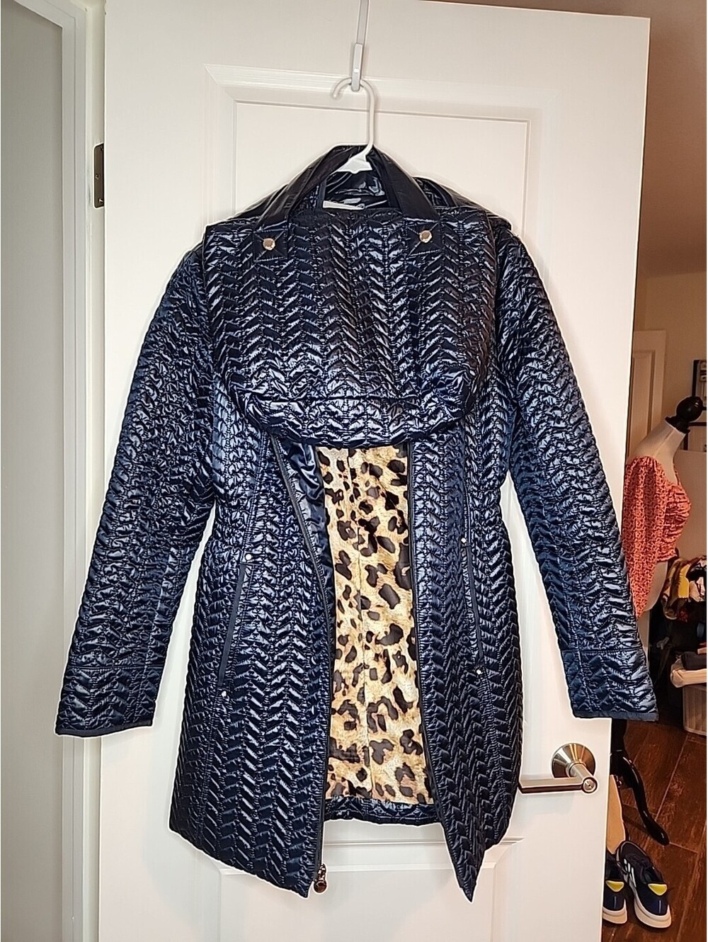 Laundry Shelli Segal Puffer Jacket L Nvy Blu Quilted Hooded Coat Purse Packable